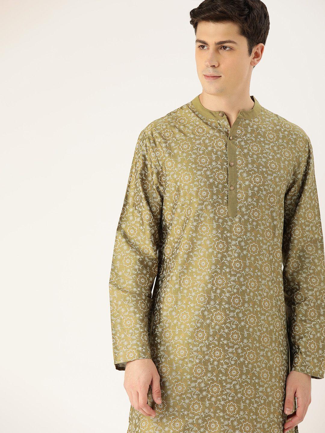 house of pataudi men olive green & white printed straight kurta