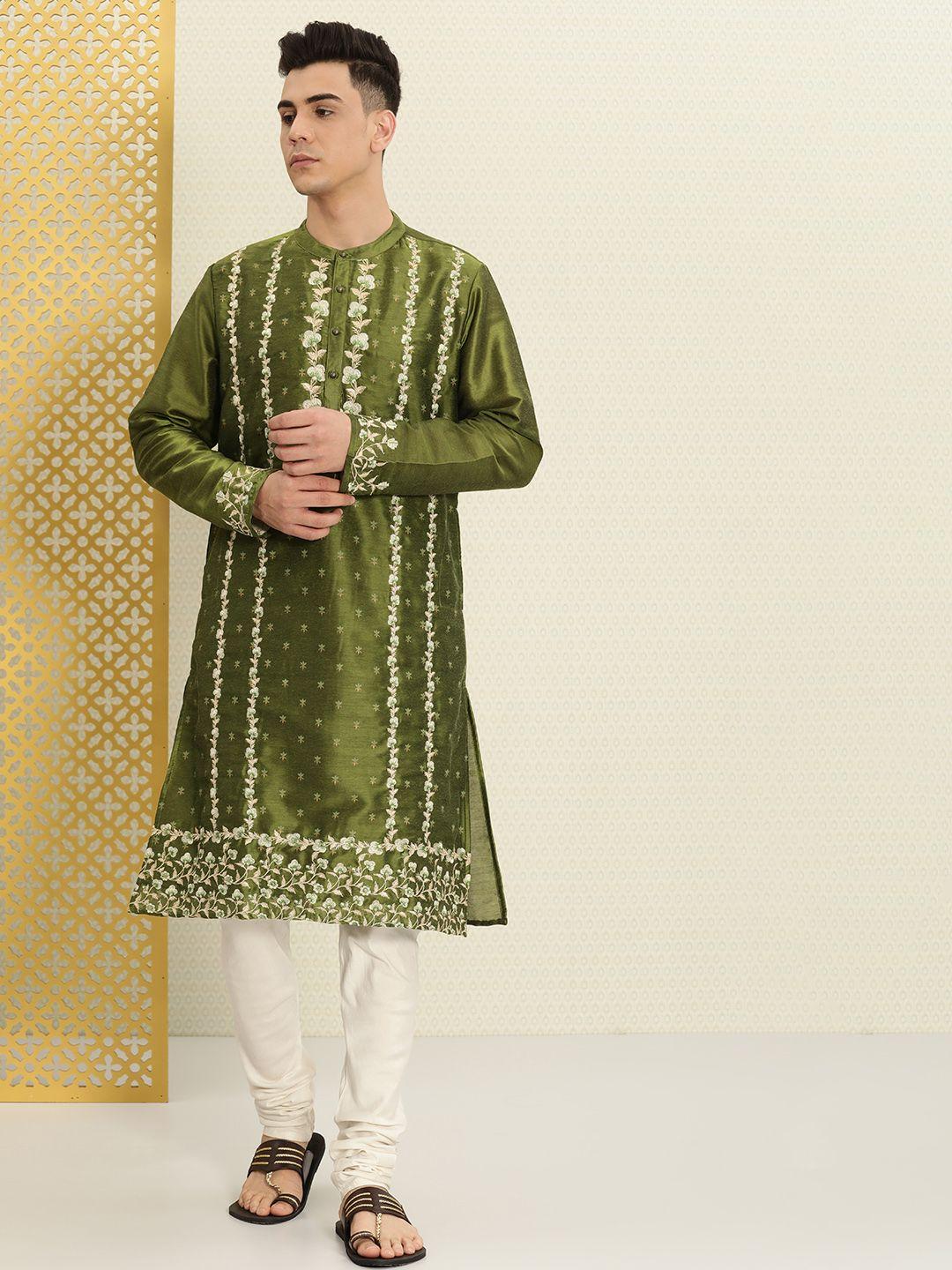 house of pataudi men olive green floral embroidered thread work jashn straight kurta