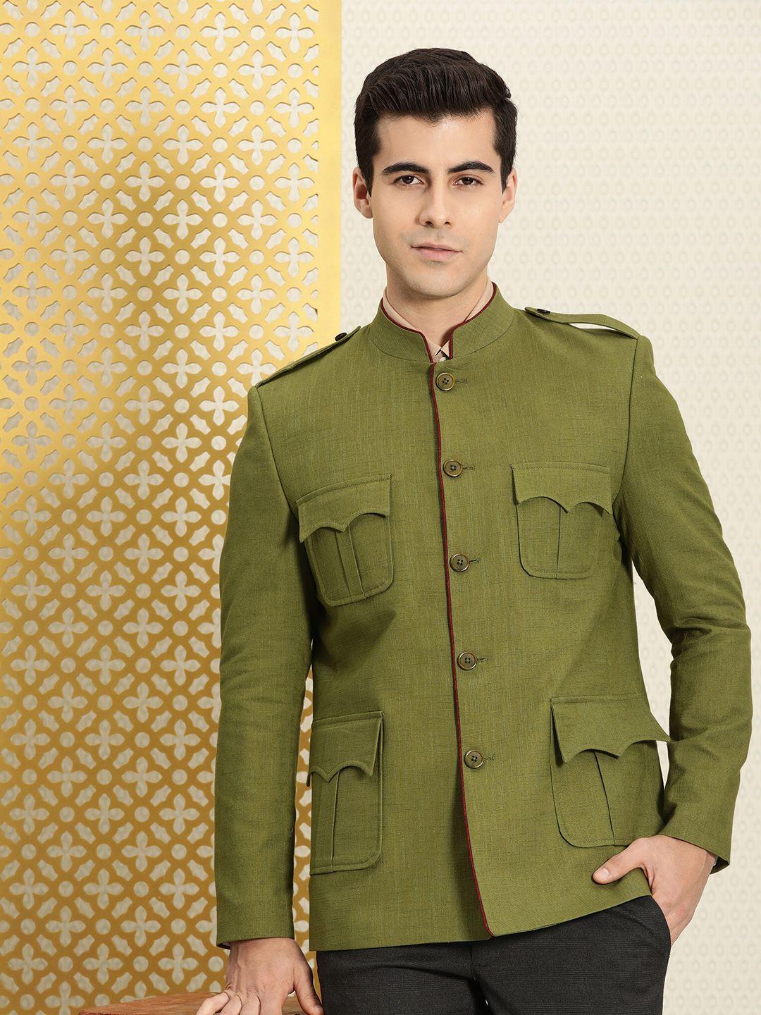 house of pataudi men olive green solid bandhgala jashn blazer