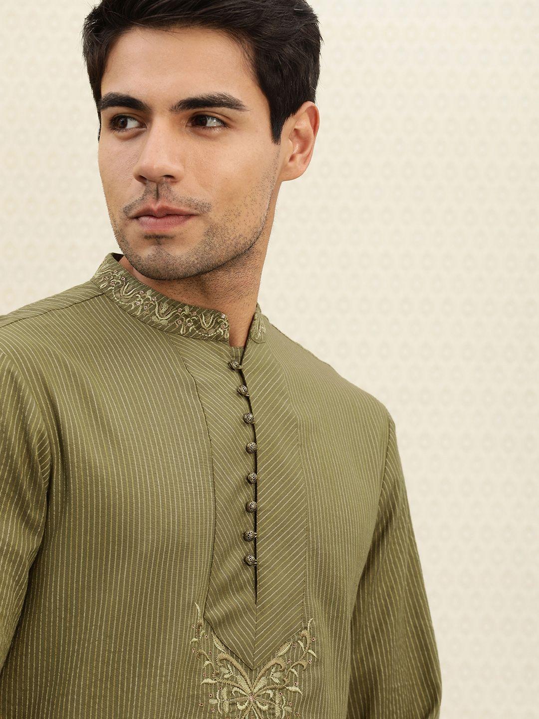 house of pataudi men olive green striped straight kurta with embroidered detail