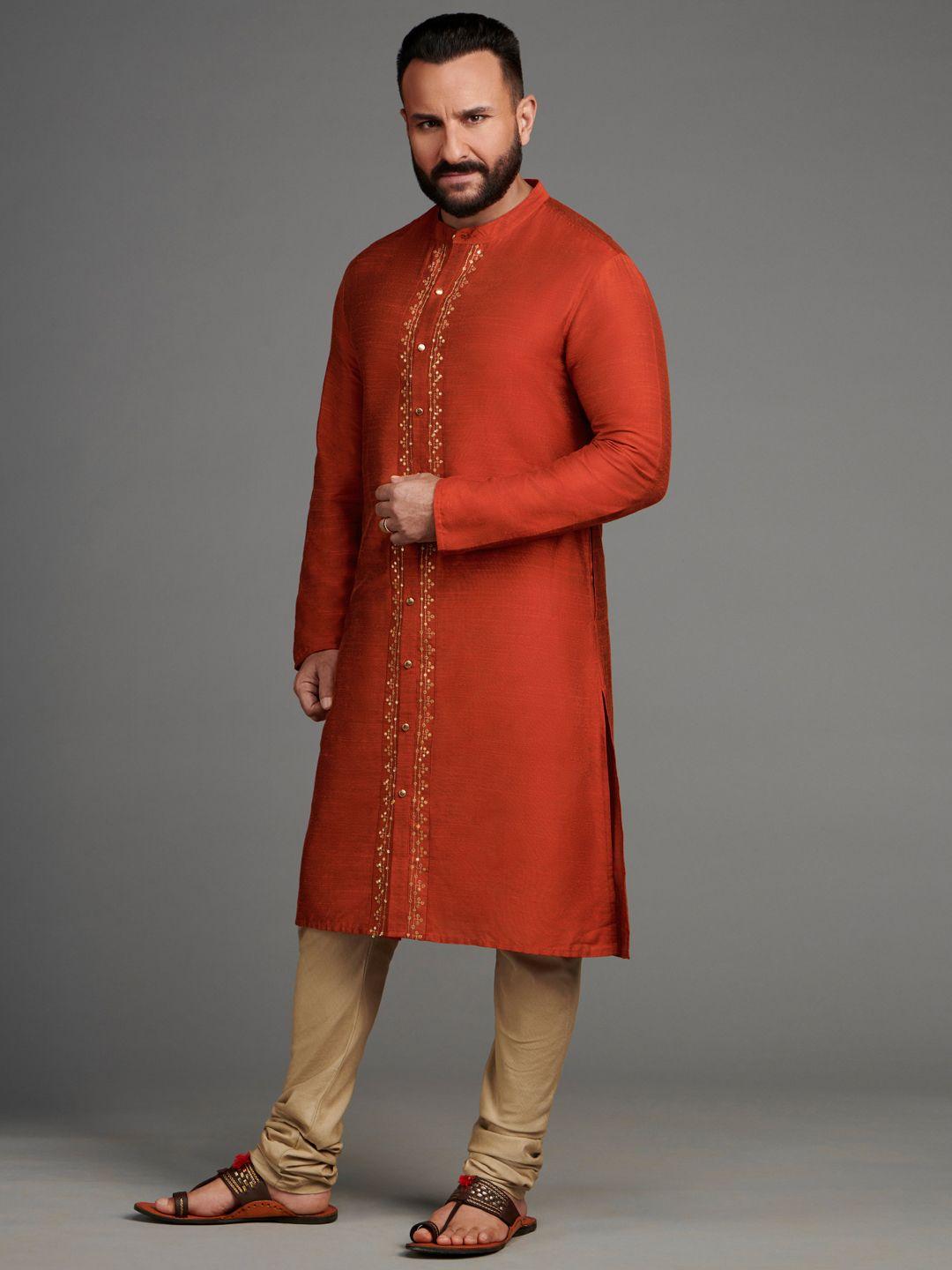 house of pataudi men orange & gold-toned embroidered sequins kurta