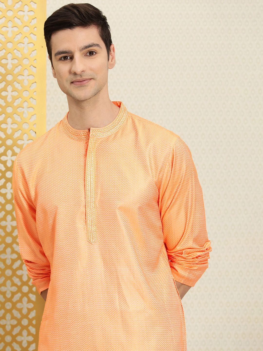 house of pataudi men orange geometric printed thread work kurta