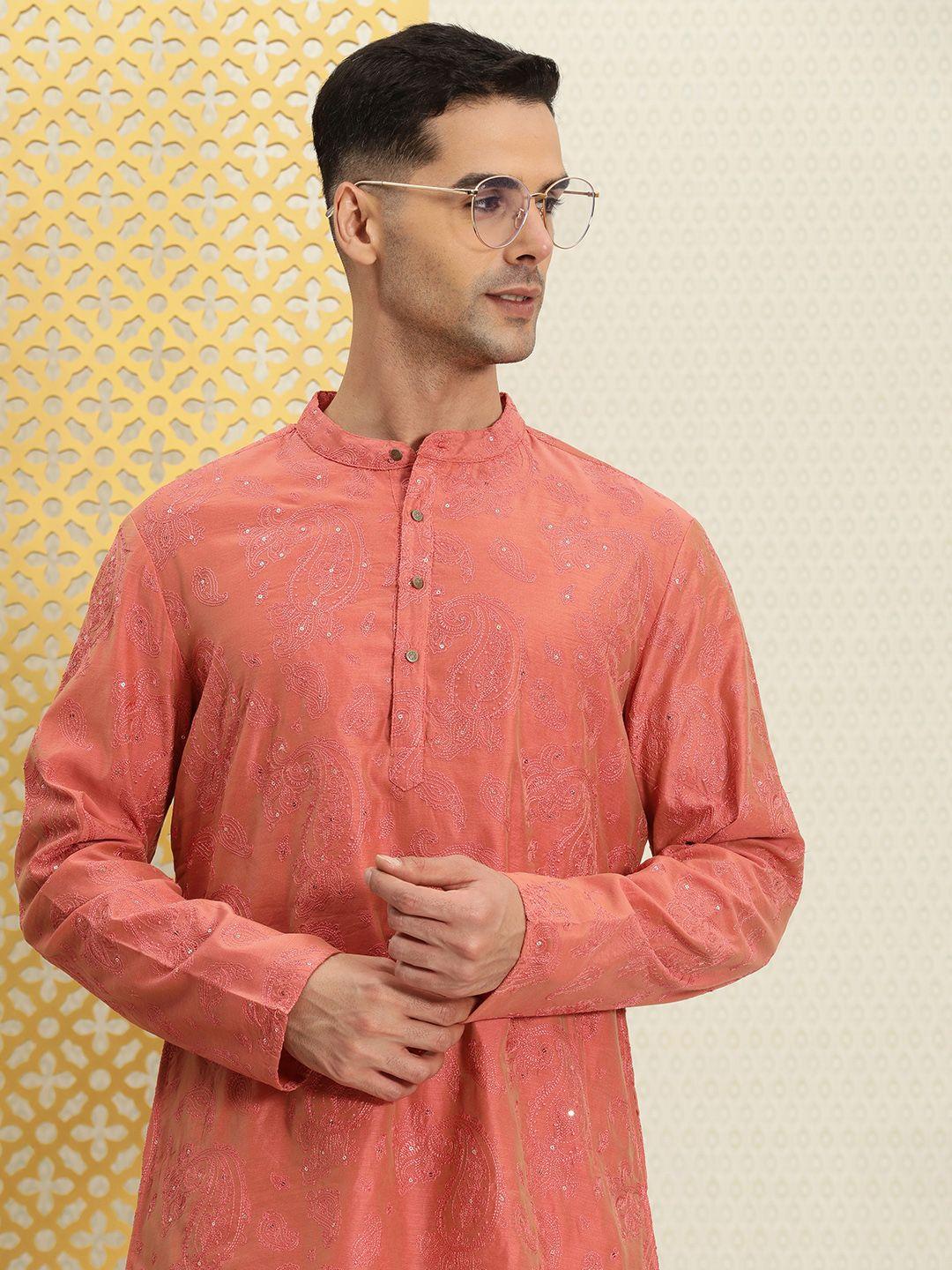 house of pataudi men paisley embroidered sequinned thread work jashn kurta with churidar