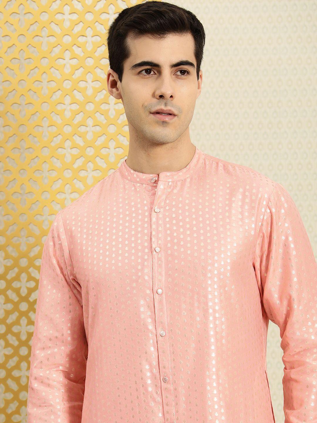 house of pataudi men peach-coloured ethnic motifs printed kurta