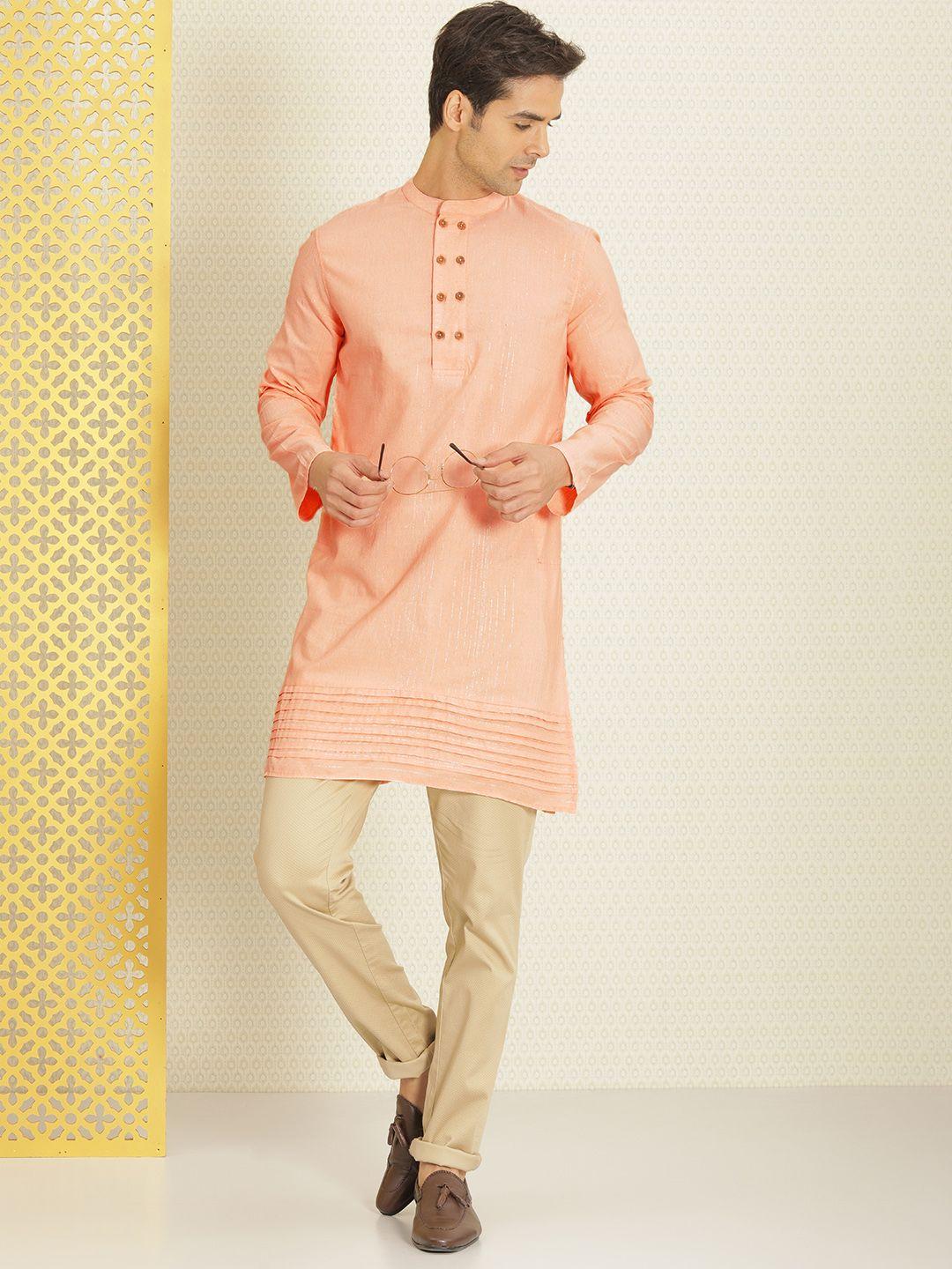 house of pataudi men peach-coloured zari striped rozana kurta