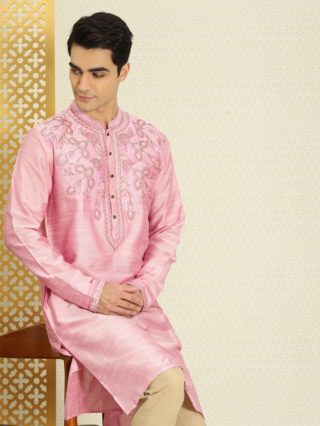 house of pataudi men pink ethnic motifs embroidered rozana kurta