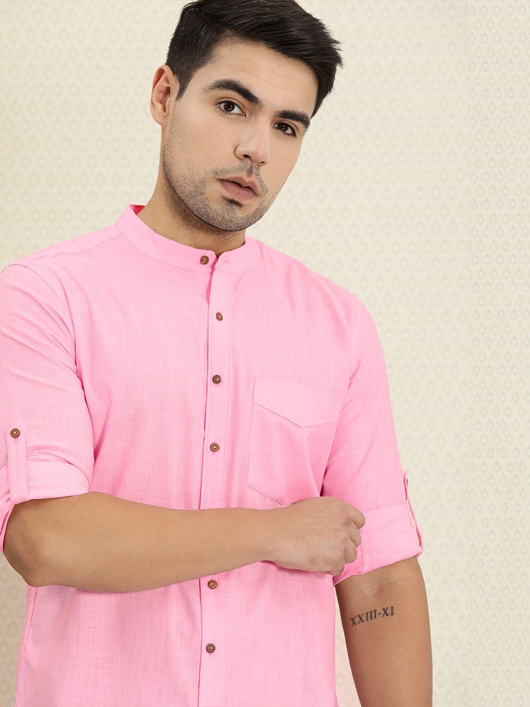 house of pataudi men pink regular fit solid casual shirt