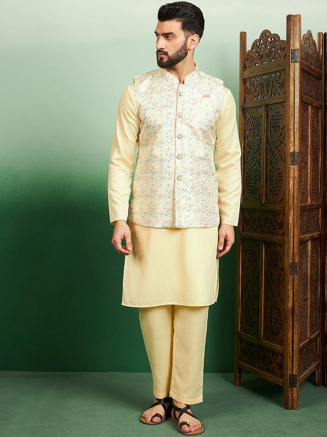 house of pataudi men printed mandarin collar kurta sets