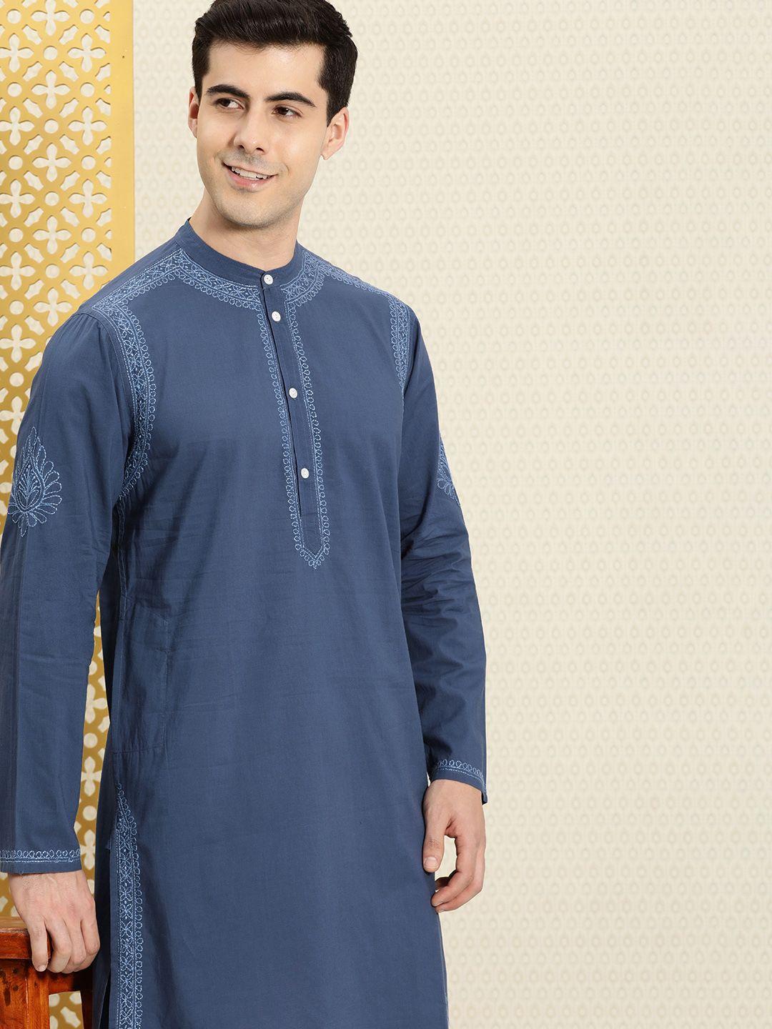 house of pataudi men pure cotton chikankari embroidered rozana kurta