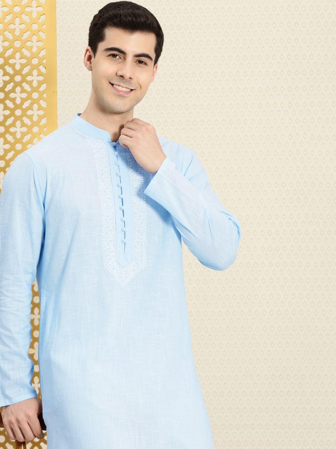 house of pataudi men pure cotton chikankari yoke design rozana kurta