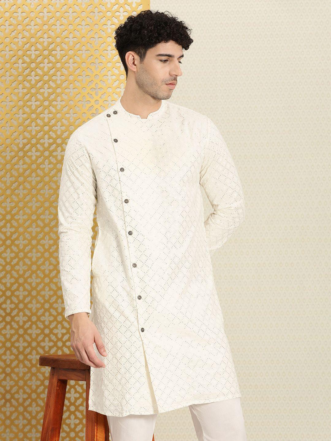 house of pataudi men pure cotton embellished sequined angrakha jashn kurta