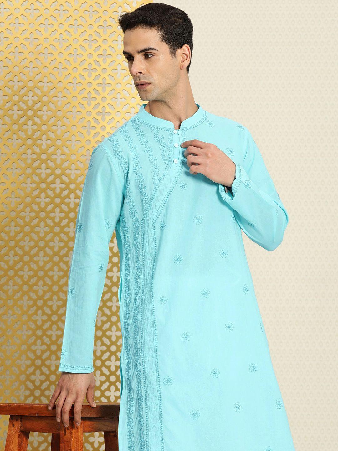 house of pataudi men pure cotton embroidered chikankari jashn kurta with churidar