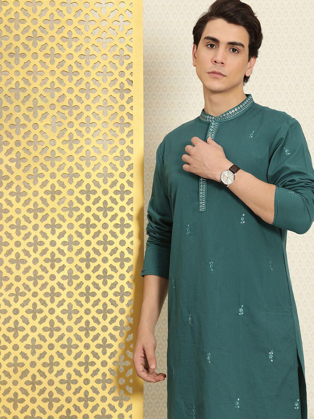 house of pataudi men pure cotton floral embroidered jashn kurta