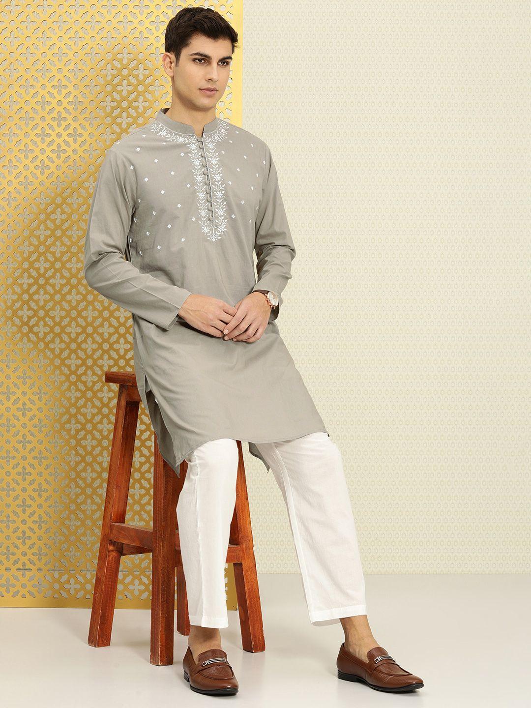 house of pataudi men pure cotton floral embroidered patchwork jashn kurta