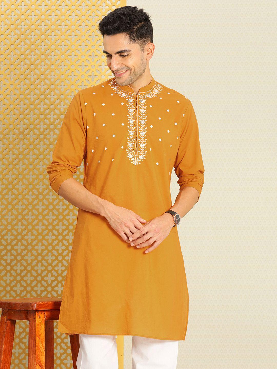 house of pataudi men pure cotton floral embroidered patchwork jashn kurta