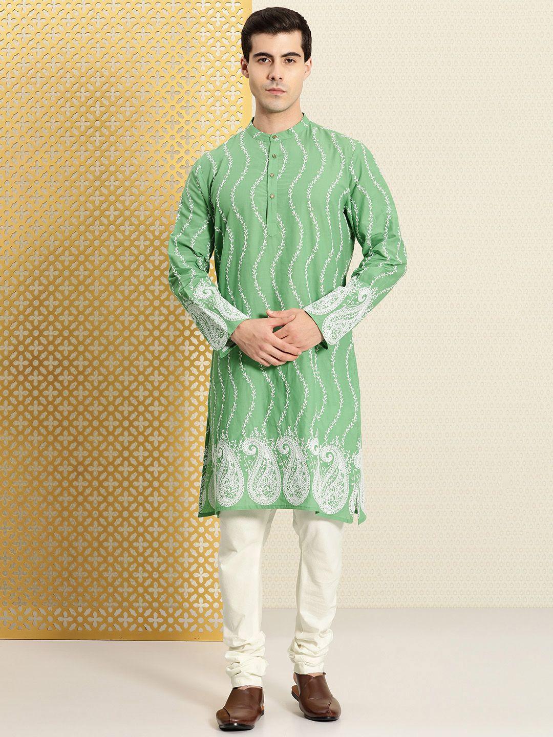 house of pataudi men pure cotton paisley thread work jashn kurta with pyjamas