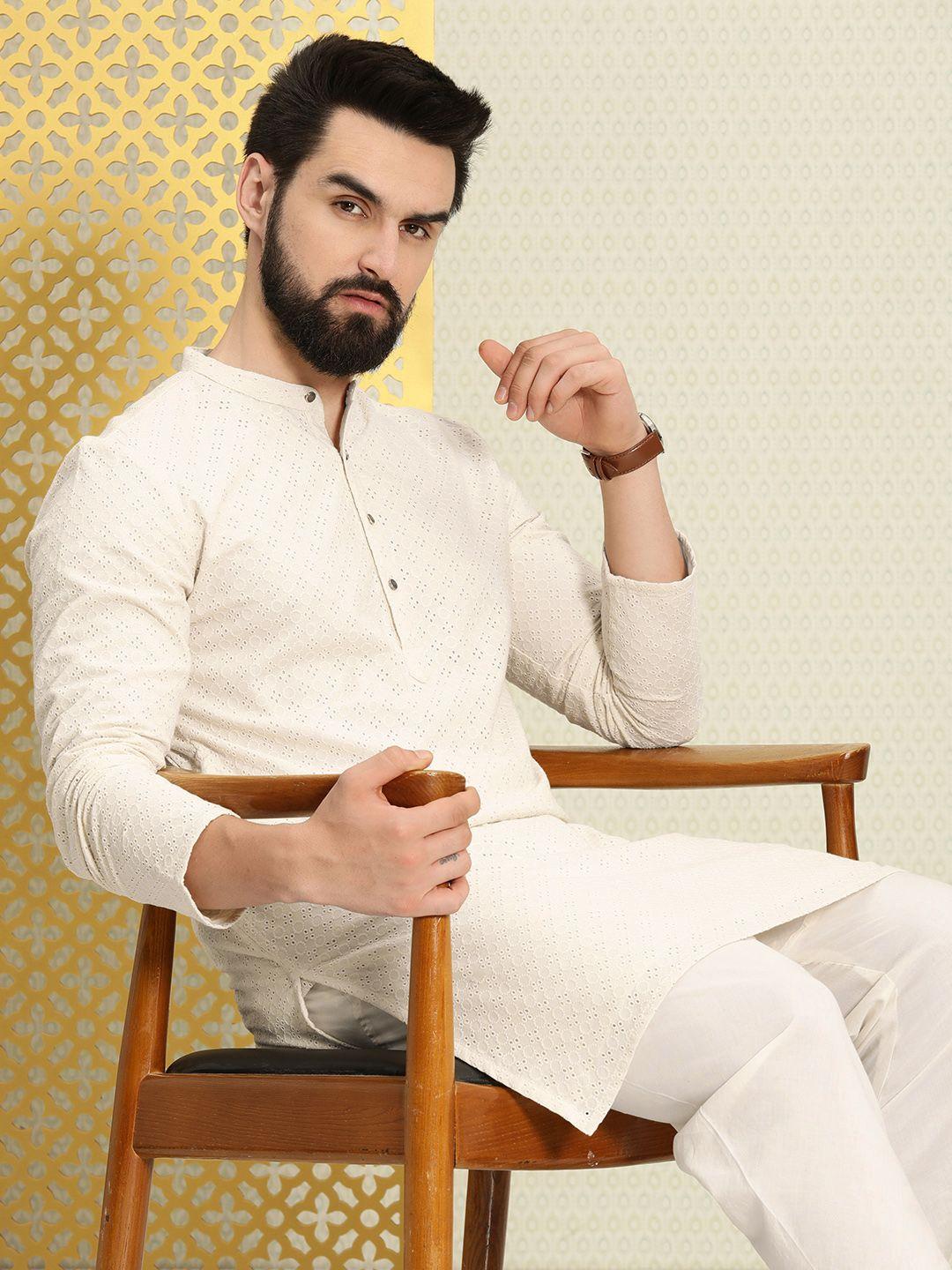 house of pataudi men pure cotton schiffli thread work jashn kurta with pyjamas