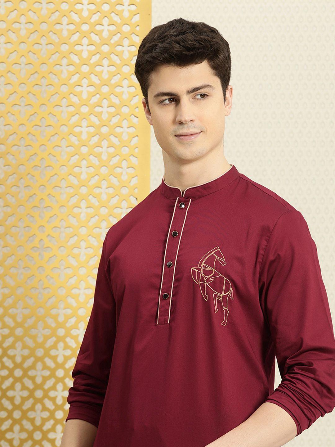 house of pataudi men pure cotton solid jashn kurta with zari detail