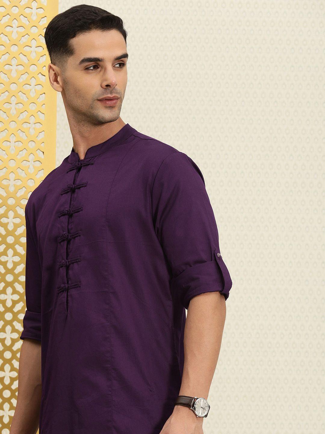 house of pataudi men pure cotton solid mandarin collar rozana kurta