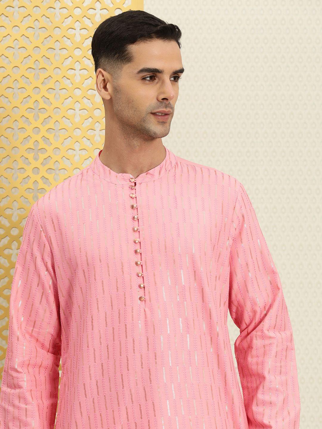 house of pataudi men pure cotton striped sequined jashn kurta