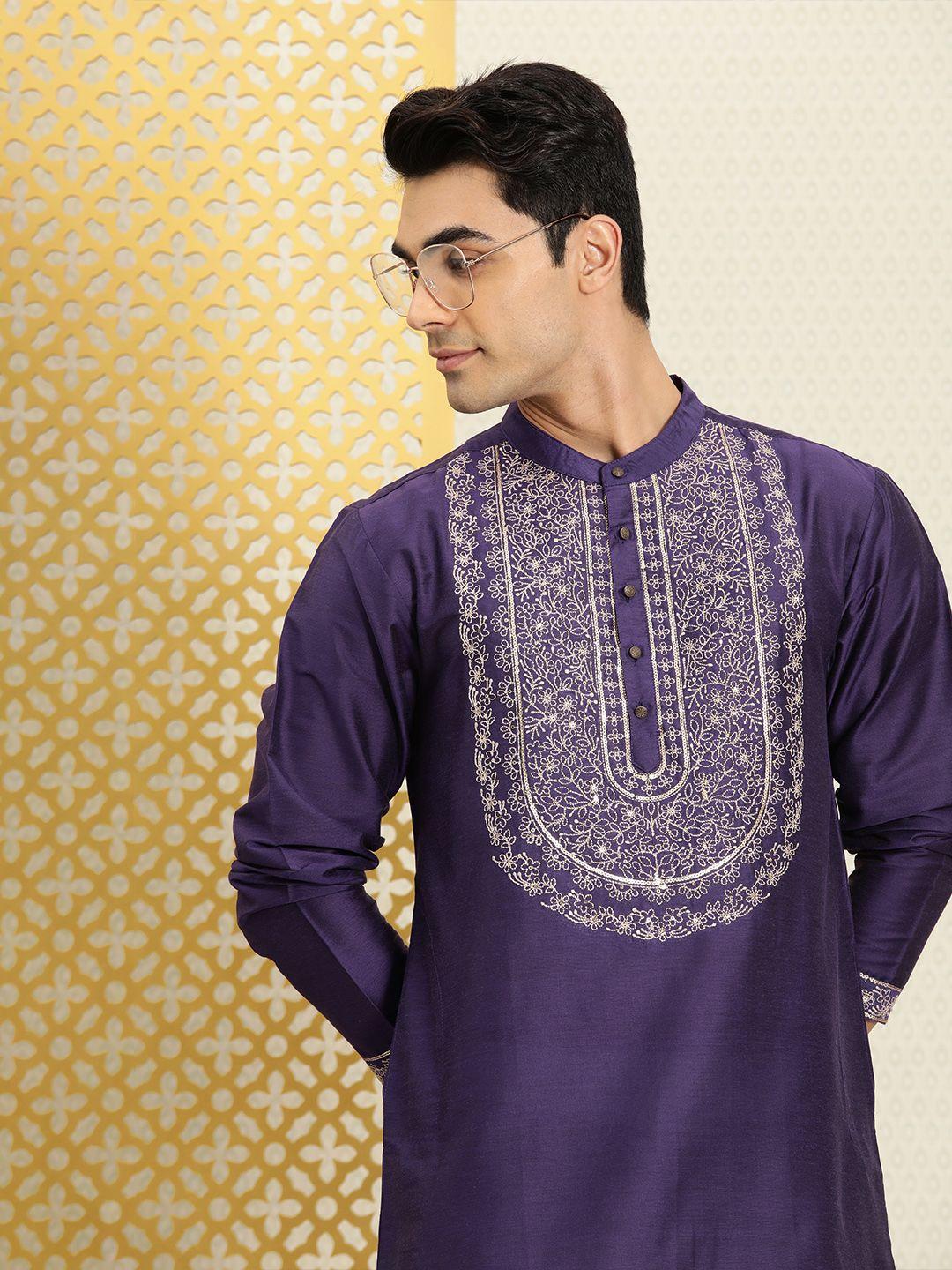 house of pataudi men purple yoke design jashn kurta