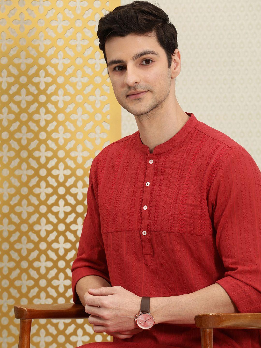 house of pataudi men red ethnic motifs embroidered pure cotton jashn kurta