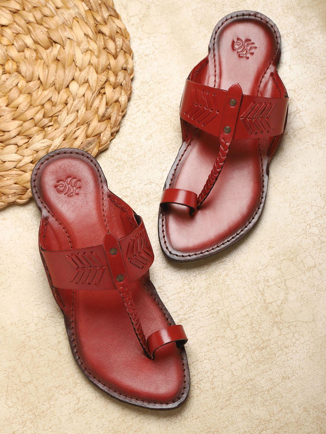 house of pataudi men red solid leather sandals