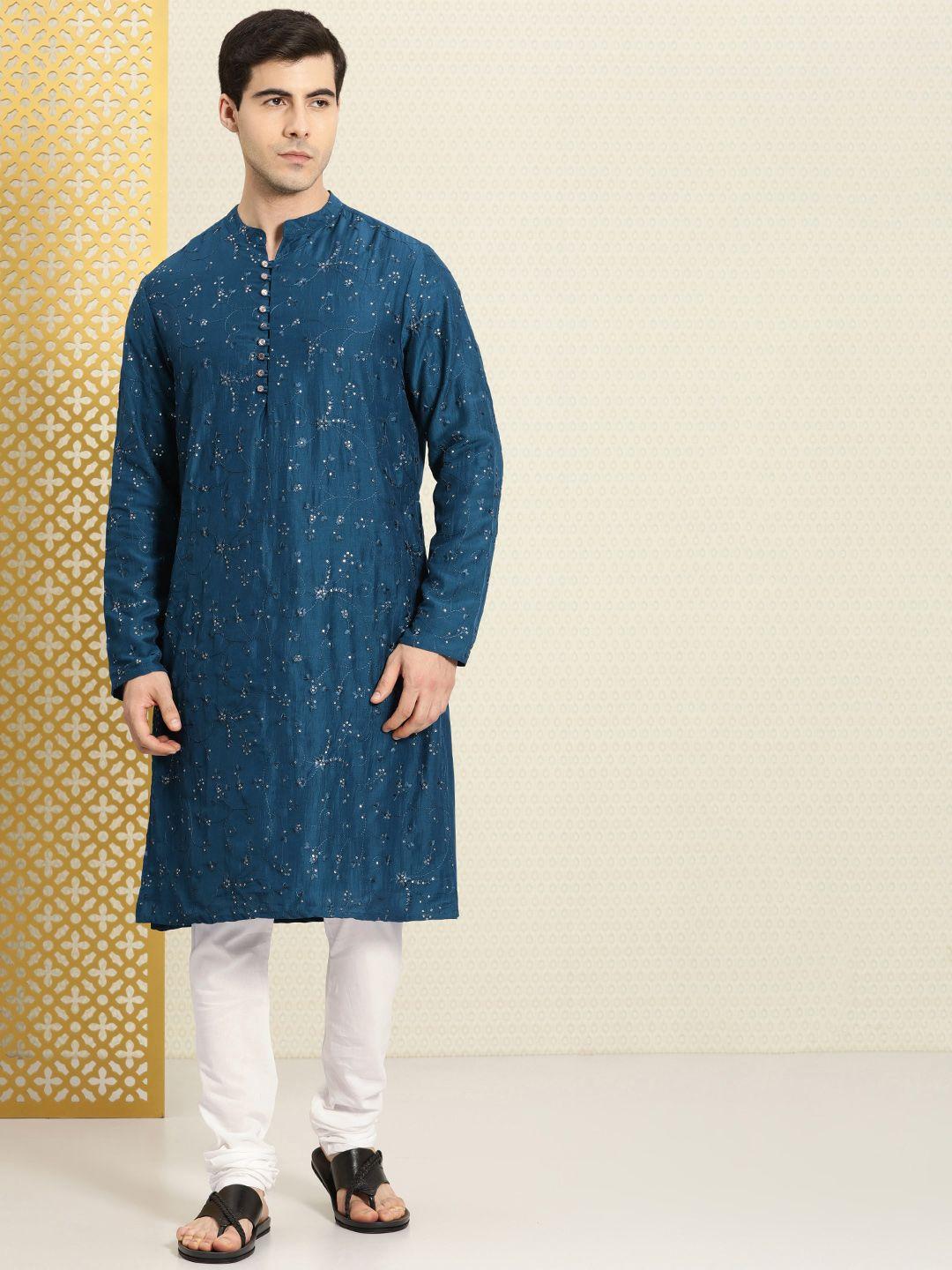 house of pataudi men rozana embroidered sequined kurta with churidar