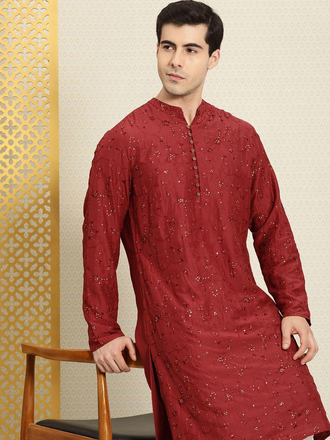 house of pataudi men rozana floral embroidered sequined kurta with churidar