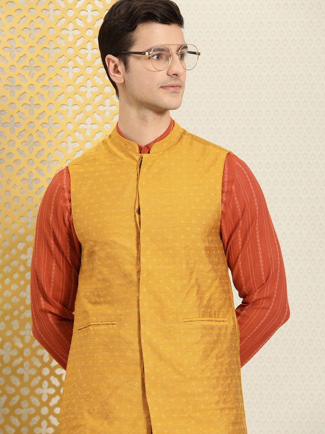 house of pataudi men rust orange & white jashn kurta with trousers & nehru jacket