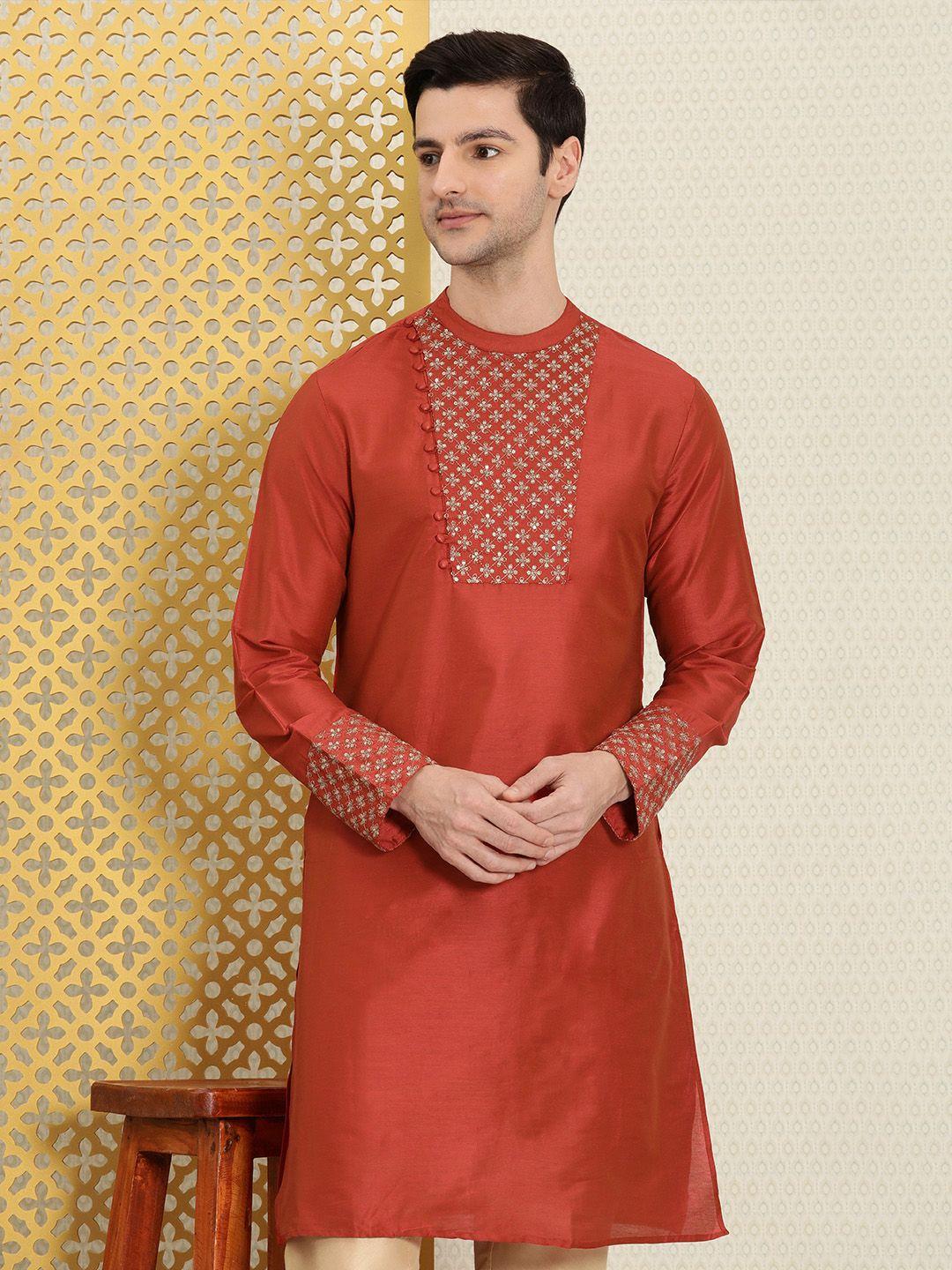 house of pataudi men rust red & gold-toned ethnic motifs embroidered jashn kurta