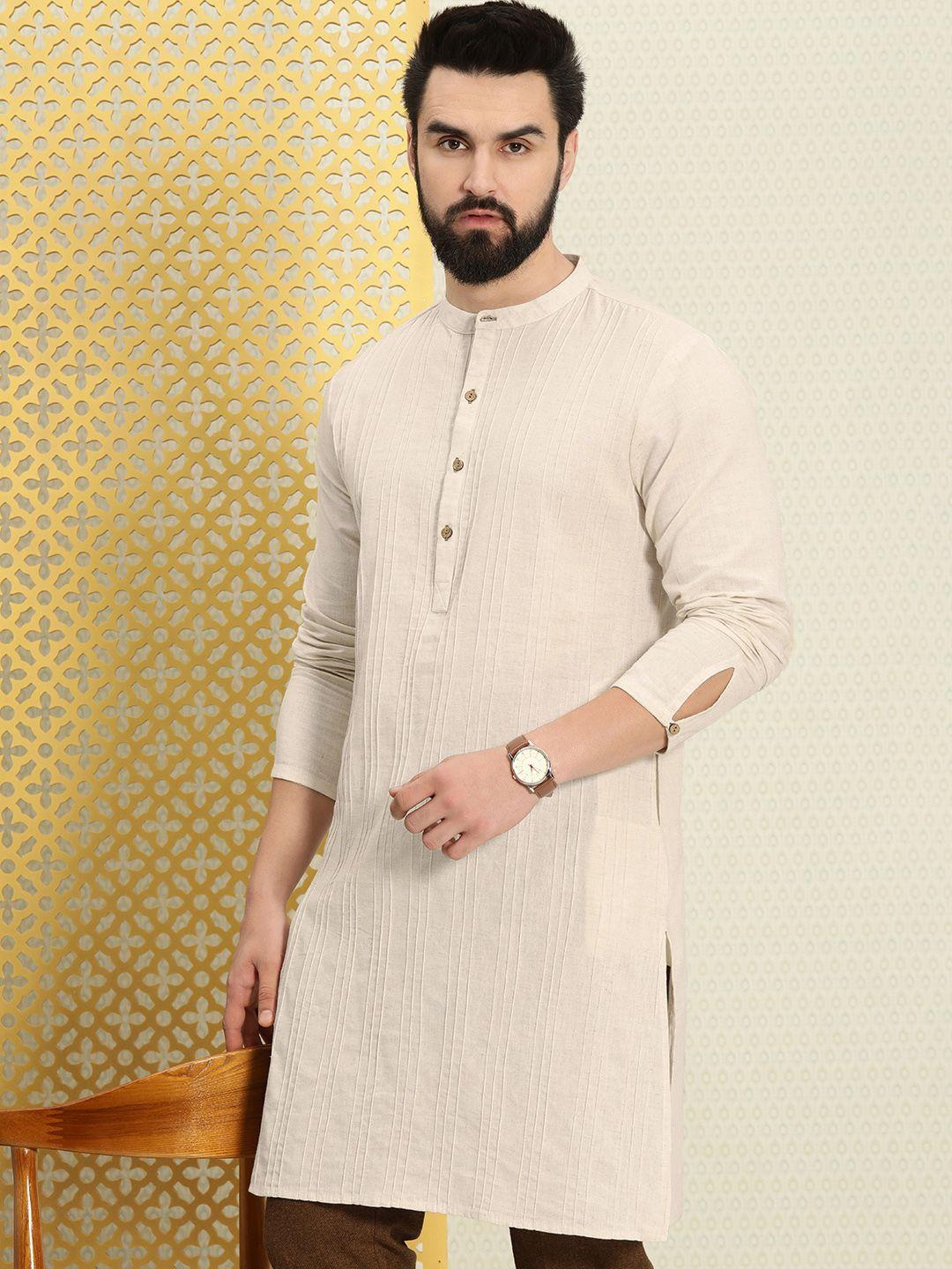 house of pataudi men self striped band collar jashn kurta