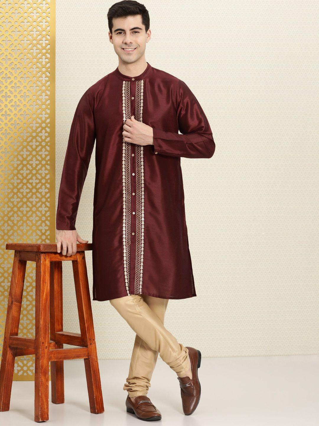 house of pataudi men striped band collar rozana kurta