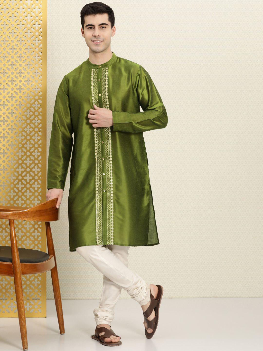 house of pataudi men striped band collar rozana kurta