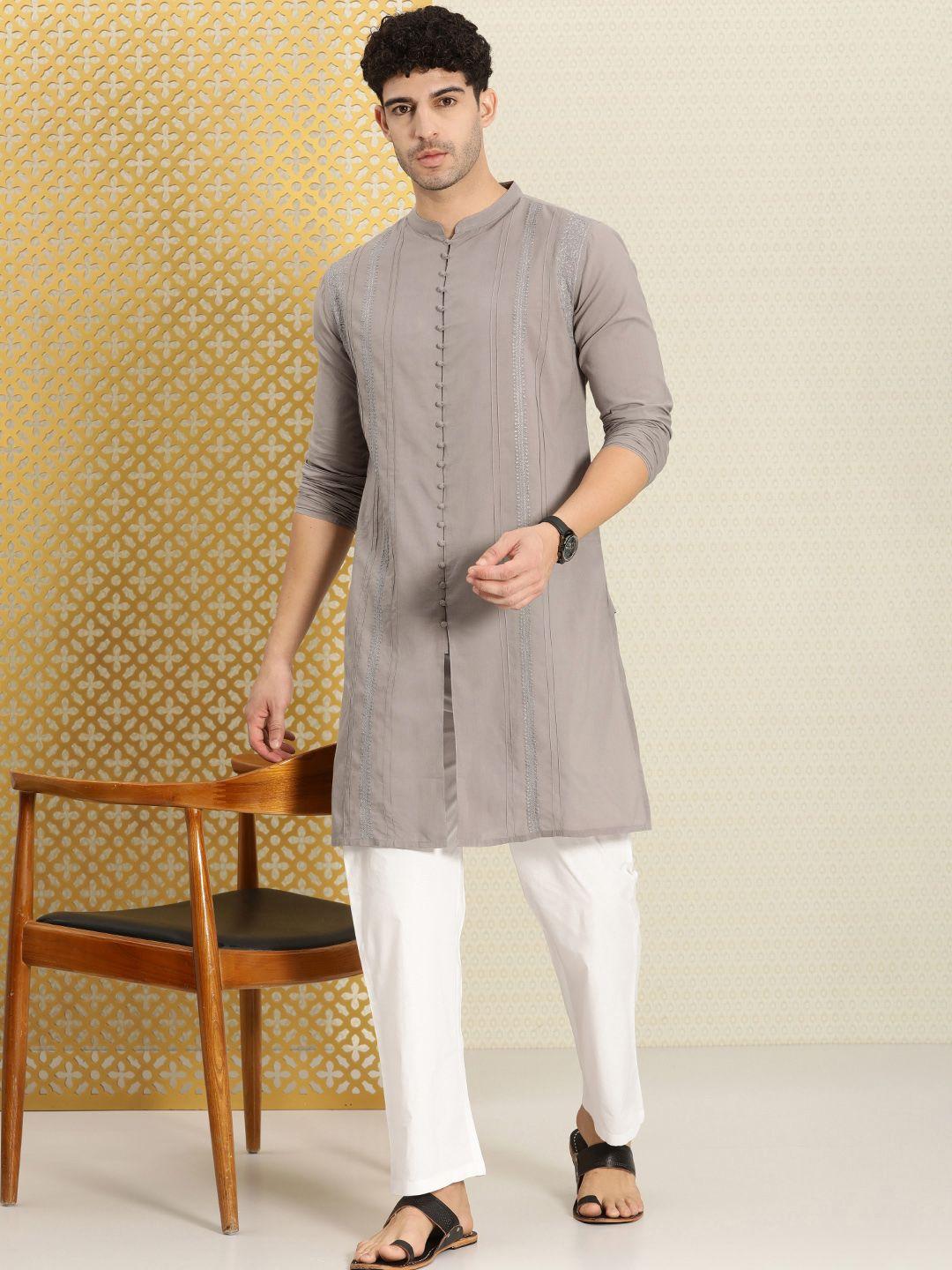 house of pataudi men striped regular thread work pure cotton jashn kurta with trousers