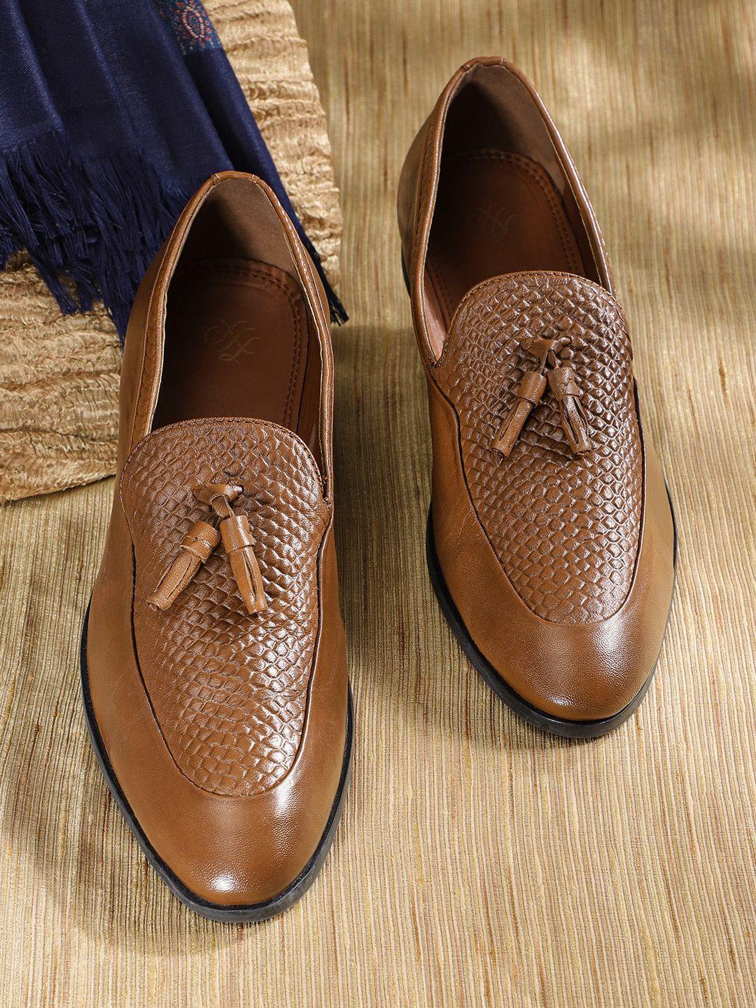 house of pataudi men tan brown textured leather handcrafted formal tassel loafers