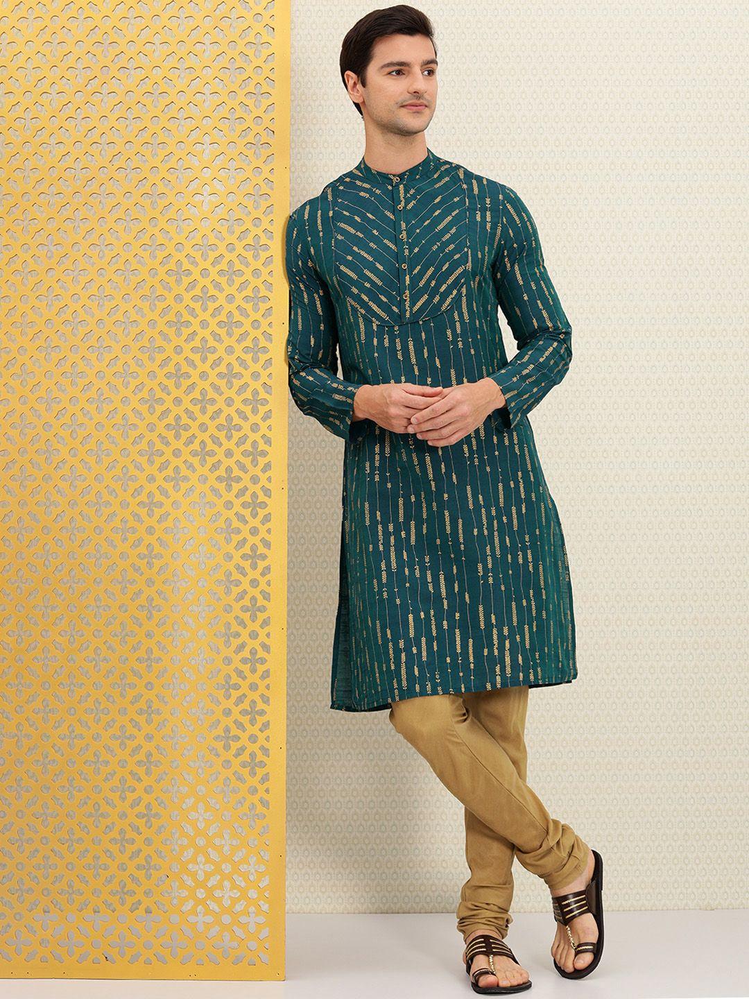 house of pataudi men teal & gold-toned ethnic motifs printed kurta