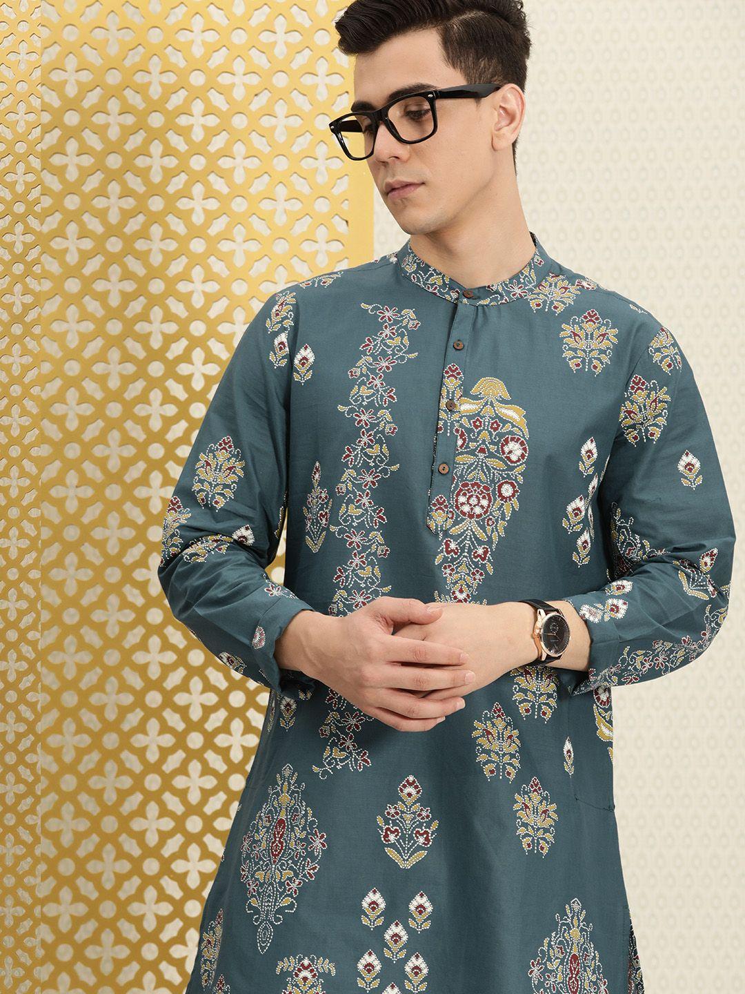 house of pataudi men teal blue ethnic motifs printed rozana kurta