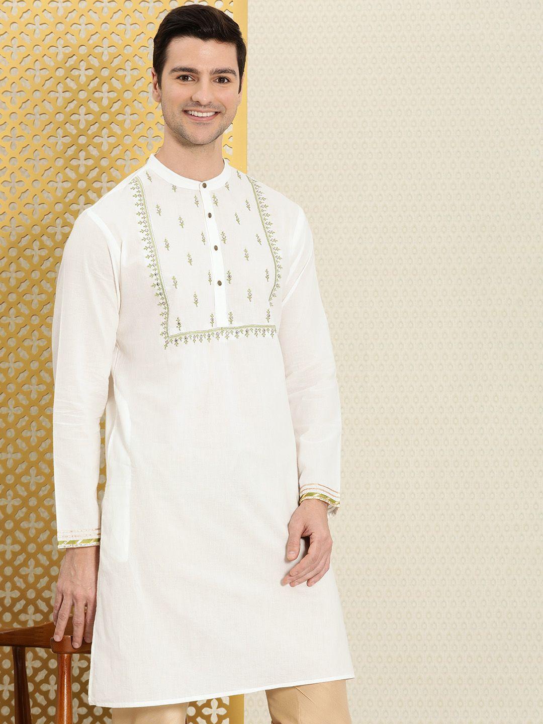 house of pataudi men white & green embroidered mirror work pure cotton jashn kurta