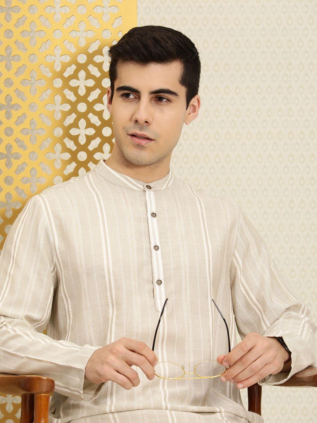 house of pataudi men white & grey striped regular kurta