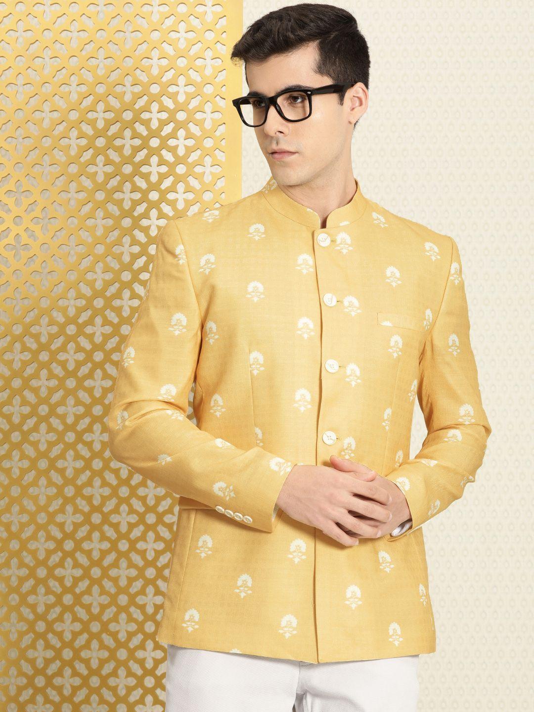 house of pataudi men yellow & white printed bandhgala jashn blazer