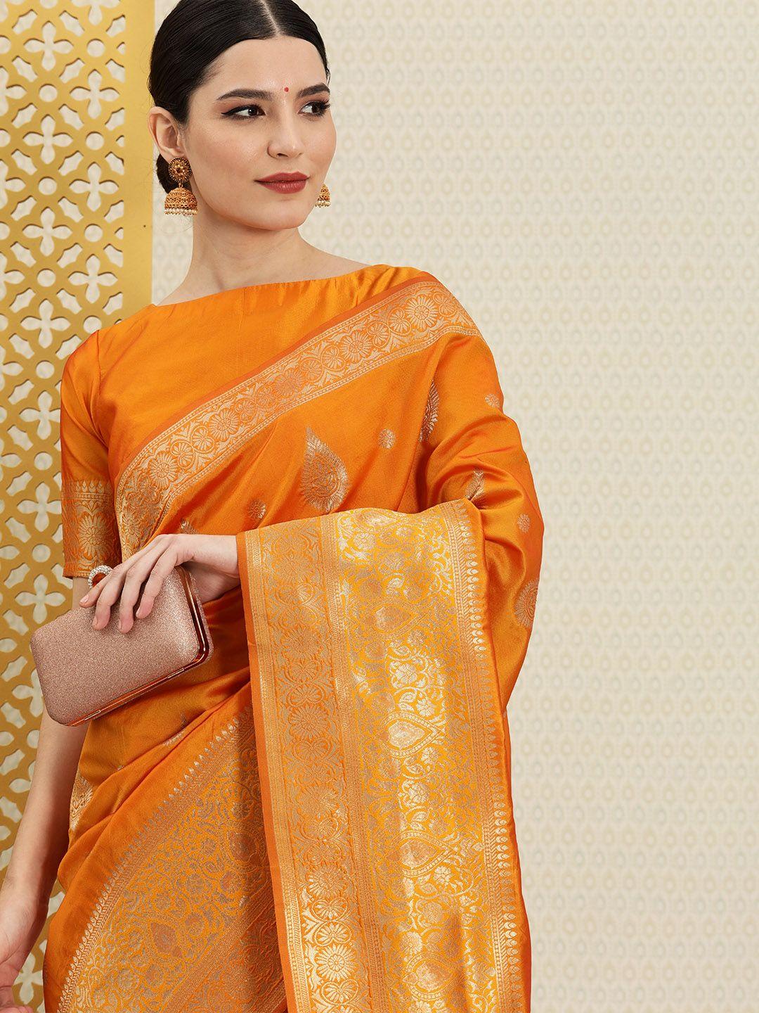 house of pataudi mustard & gold-toned ethnic motifs zari silk blend banarasi saree