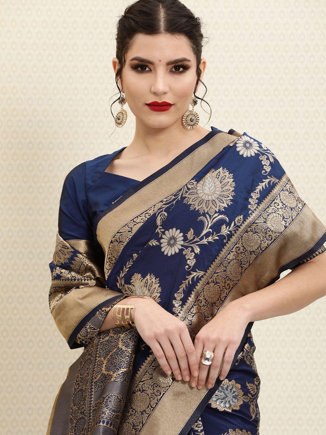 house of pataudi navy blue & golden ethnic woven design zari jashn banarasi saree