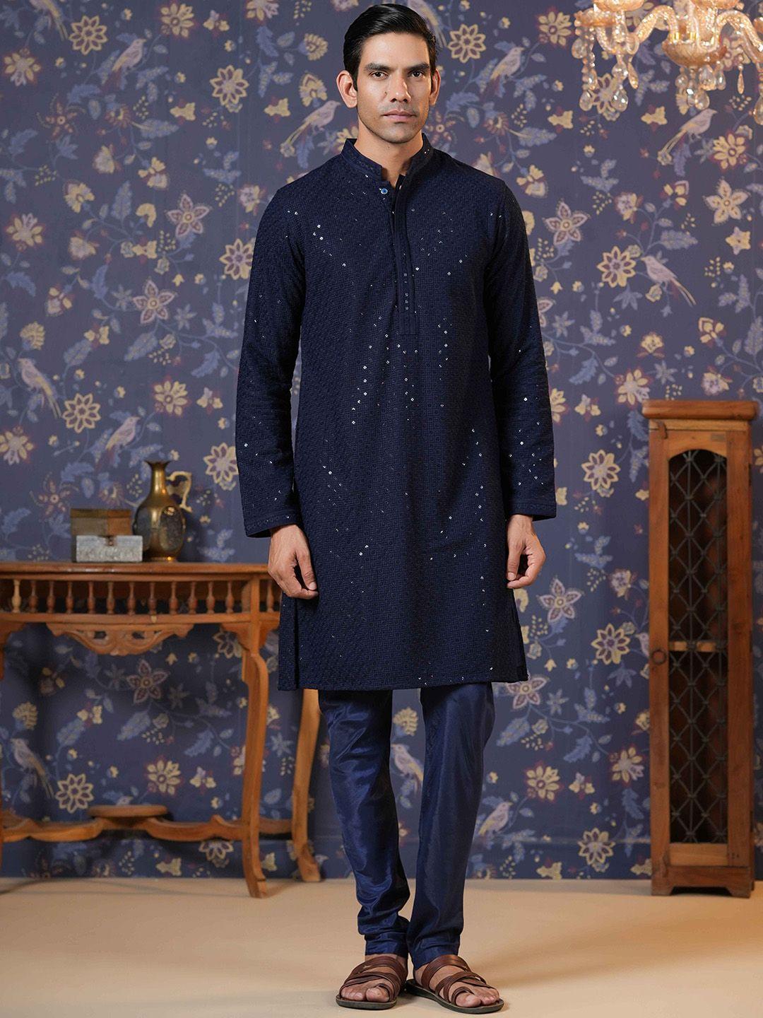 house of pataudi navy blue ethnic motifs embroidered straight kurta with churidar