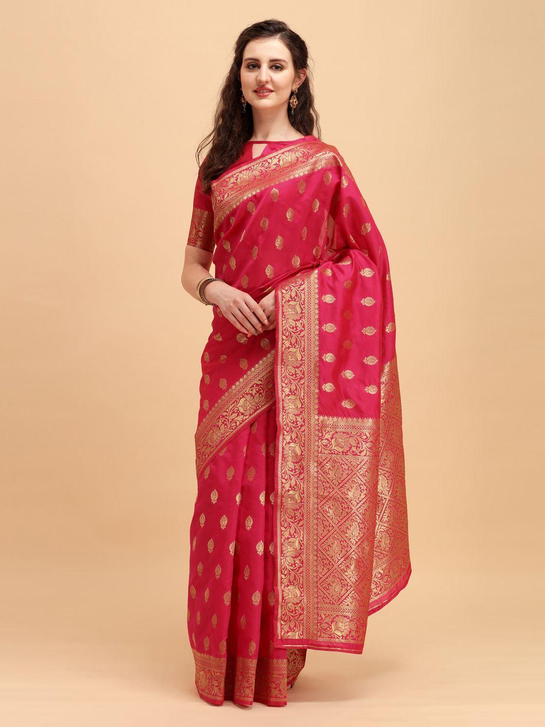 house of pataudi pink & gold-toned ethnic motifs zari silk blend saree