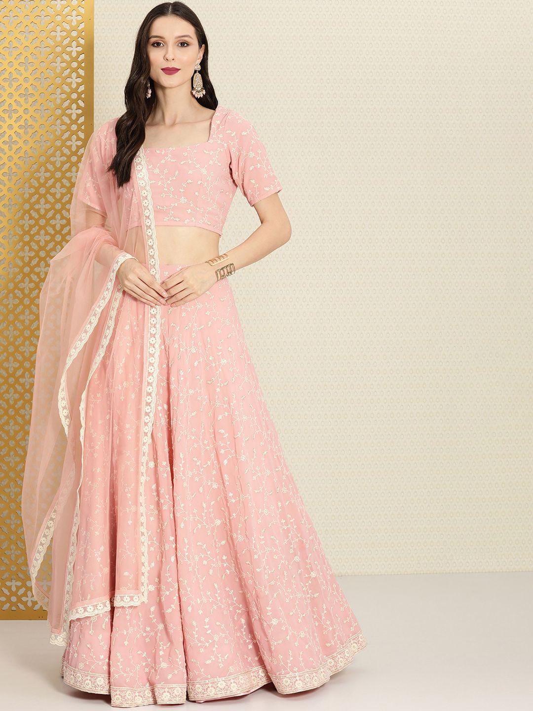 house of pataudi pink embroidered semi-stitched lehenga & unstitched blouse with dupatta