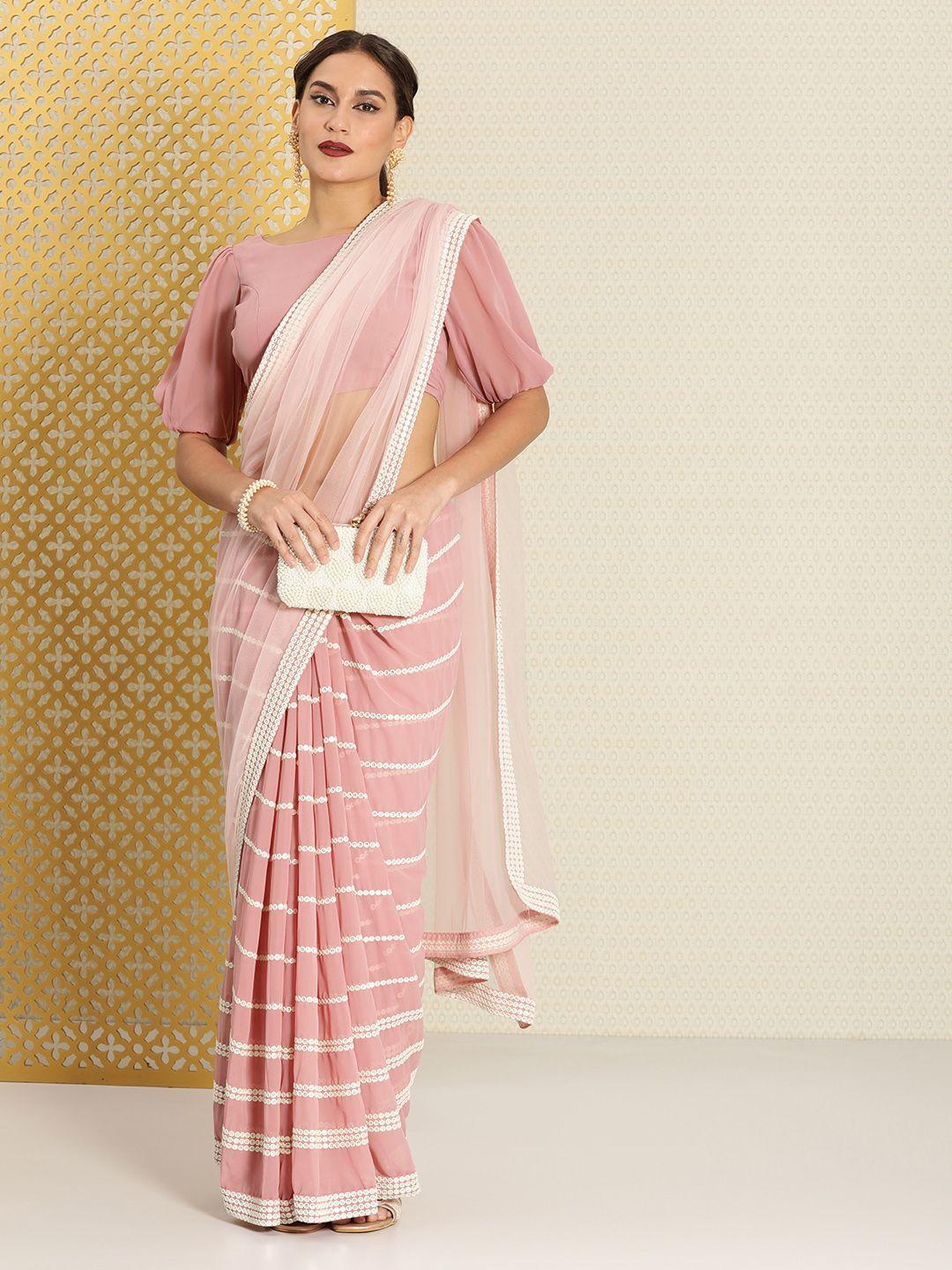 house of pataudi pink striped mirror work jashn saree