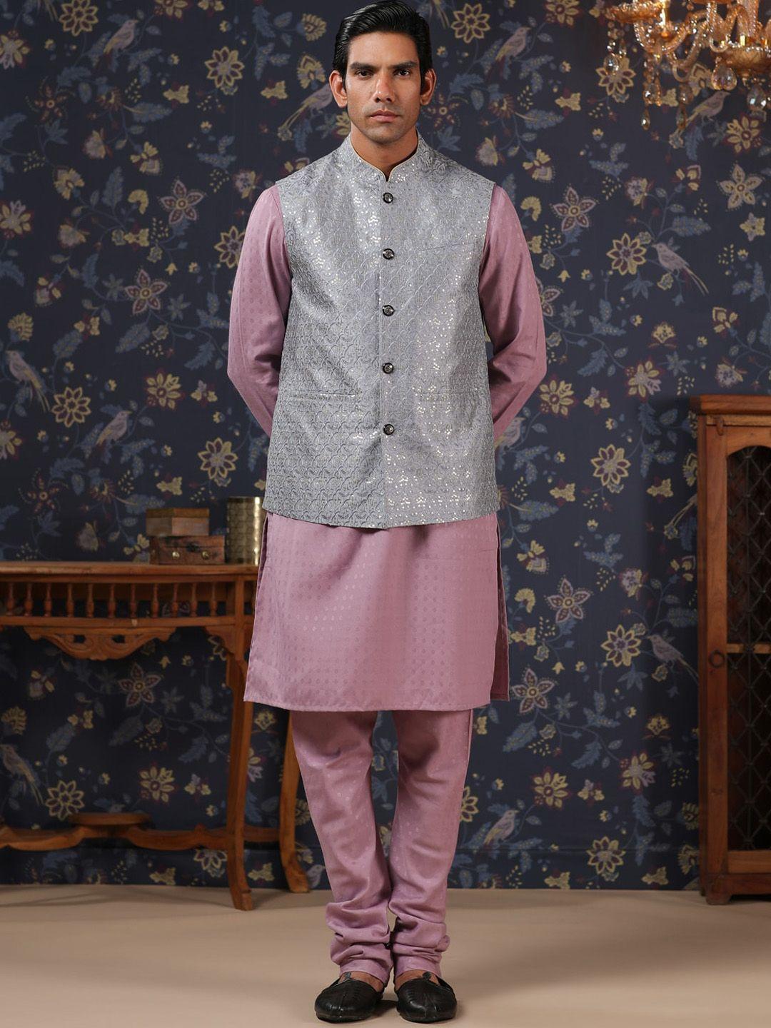 house of pataudi printed straight kurta with churidar & embroidered nehru jacket