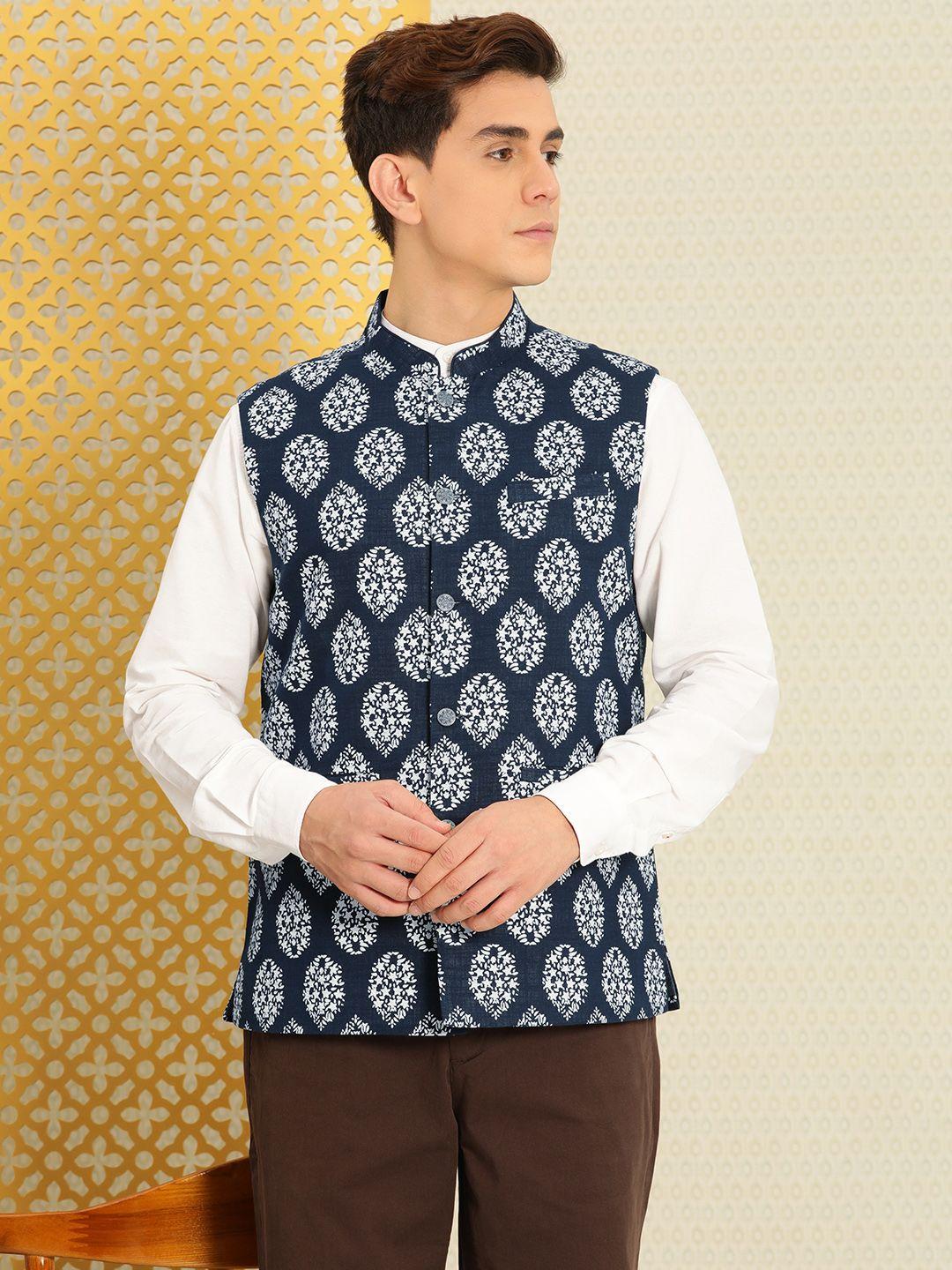 house of pataudi pure cotton printed mandarin collar jashn nehru jacket
