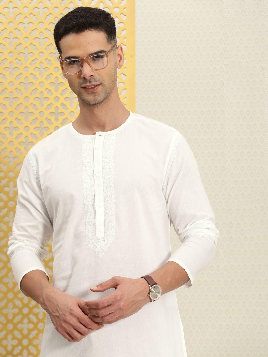 house of pataudi pure cotton yoke design thread work white romance jashn kurta